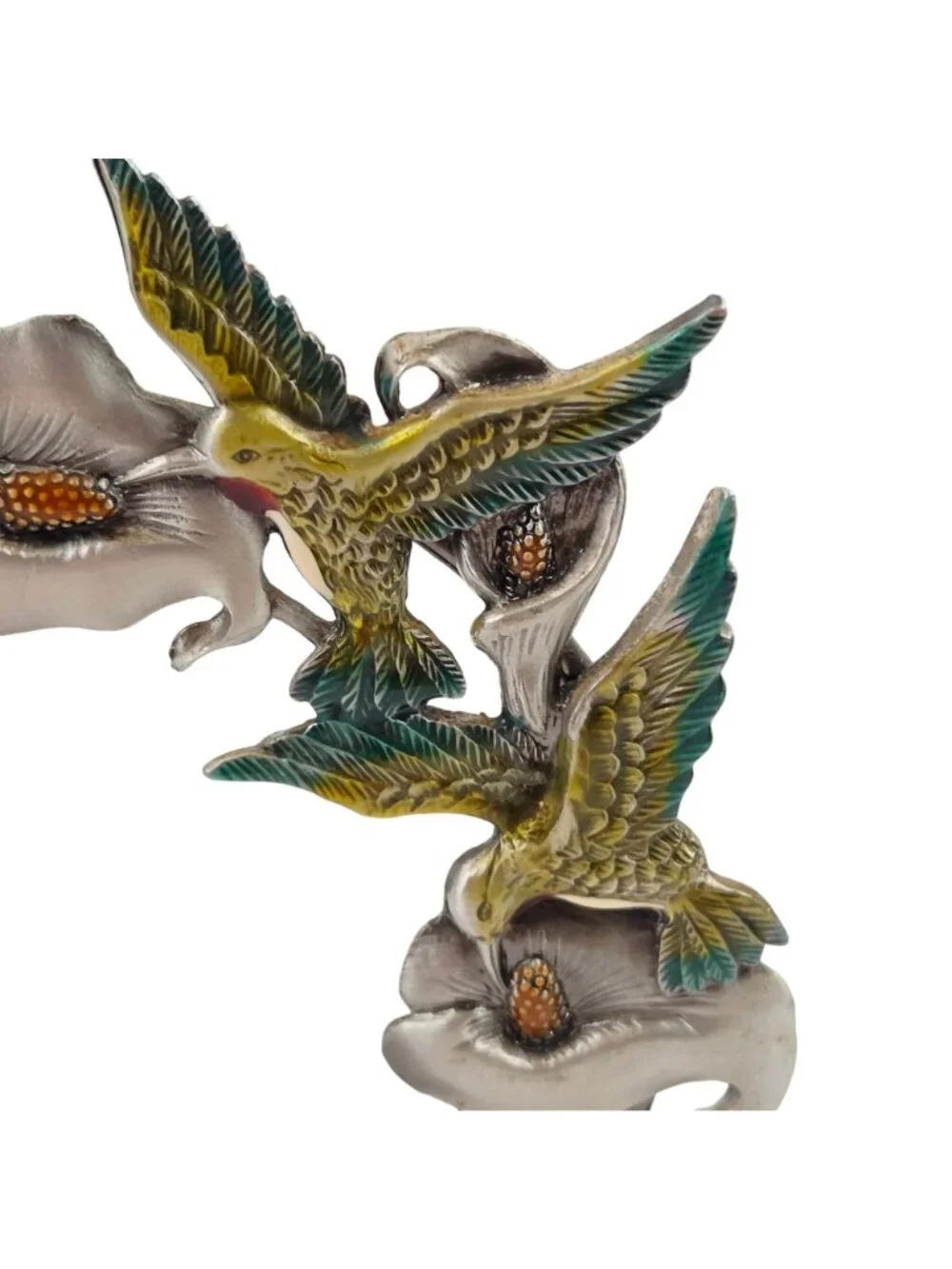 Pewter Votive Candle Holder Painted Hummingbirds Sculpted Calla Lillies Open Fra